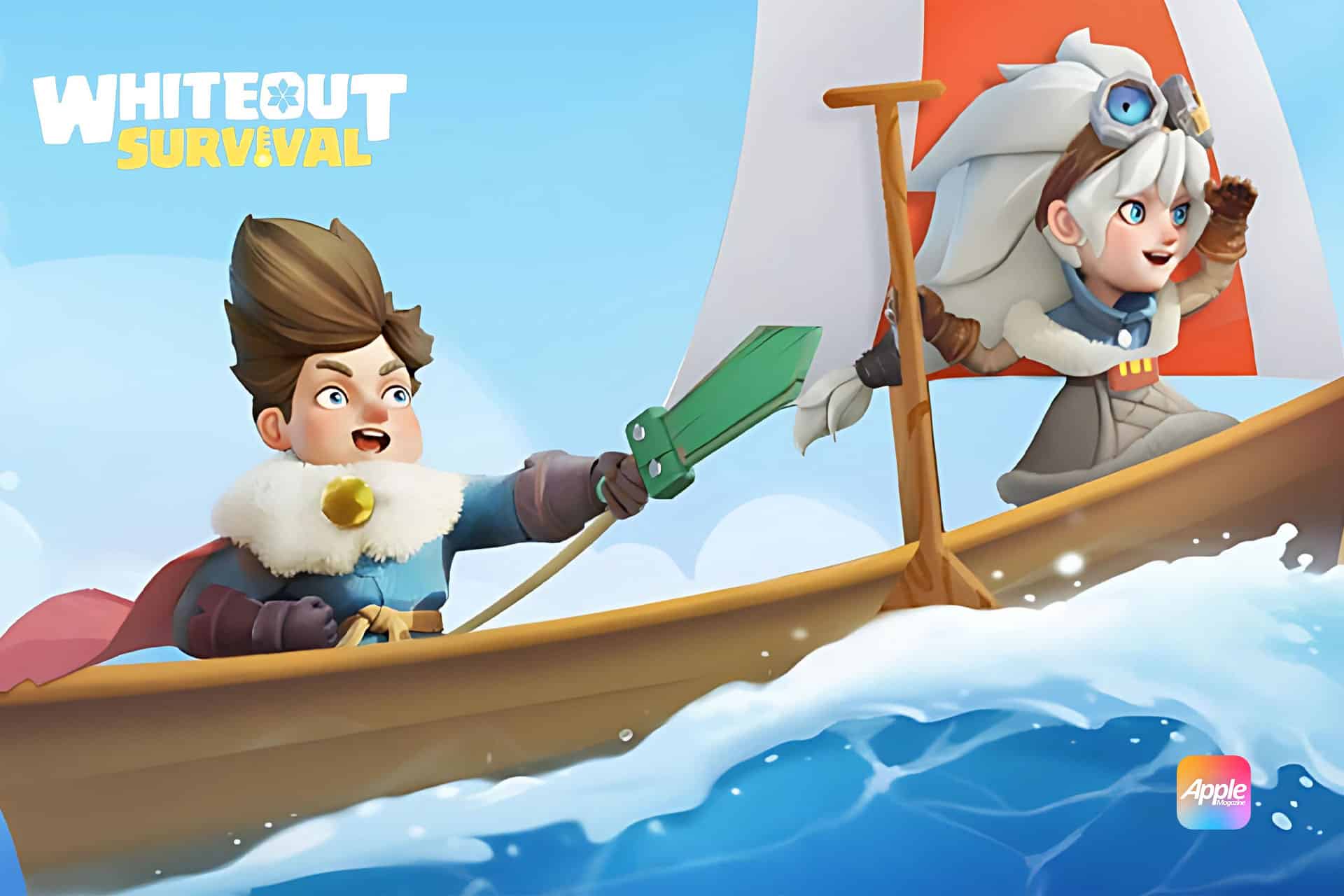 Two animated characters in winter clothing sail a wooden boat through icy waters. One holds a green sword, and the other steers. The "SVS Whiteout Survival" logo and Apple logo are visible, hinting at an epic State of Power adventure.