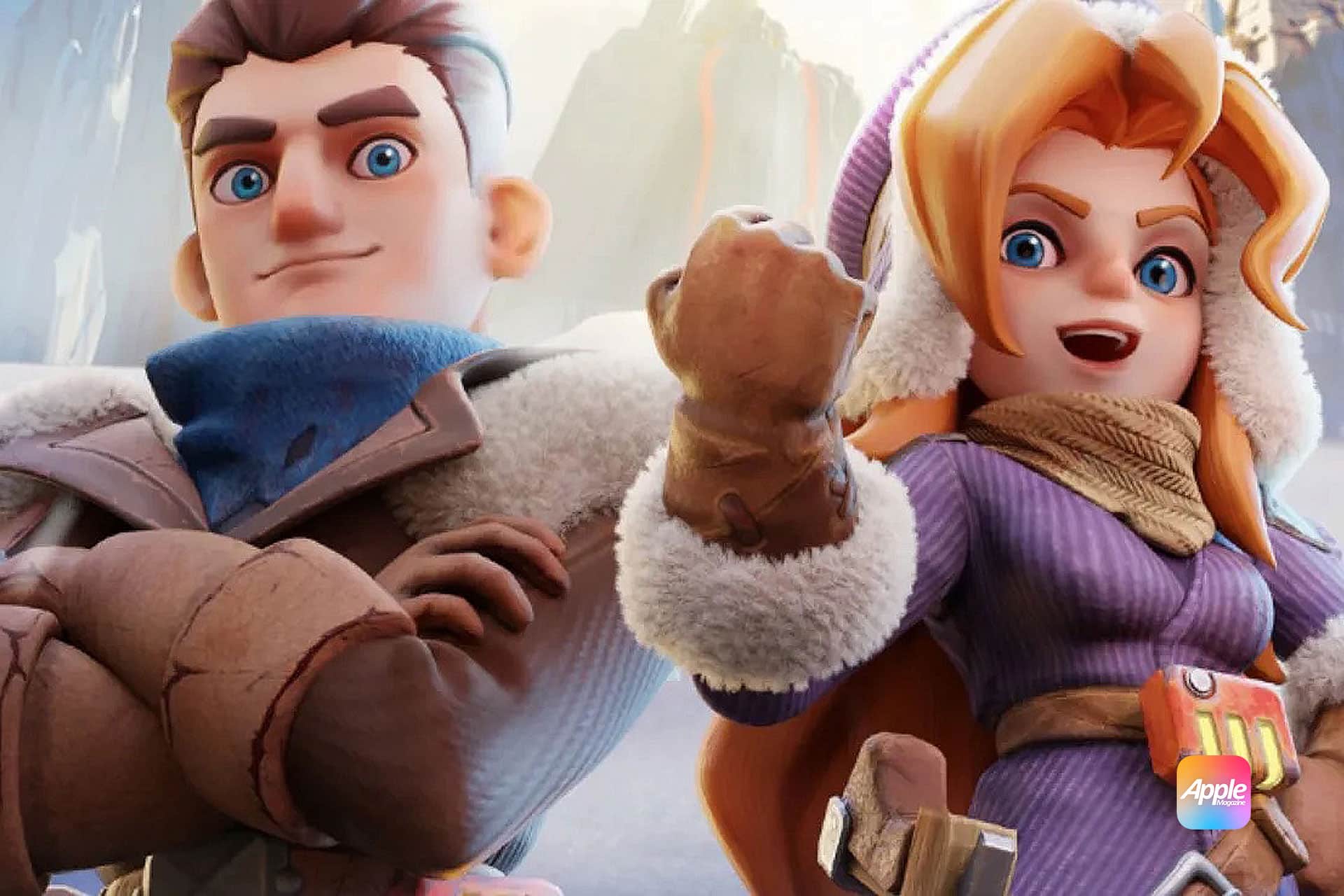 Two animated adventurers, a man with brown hair and a blue scarf, and a woman in a purple winter outfit with orange hair, stand confidently side by side in a snowy mountainous setting—ready to guide you through SVS Whiteout Survival. Apple Arcade logo appears.