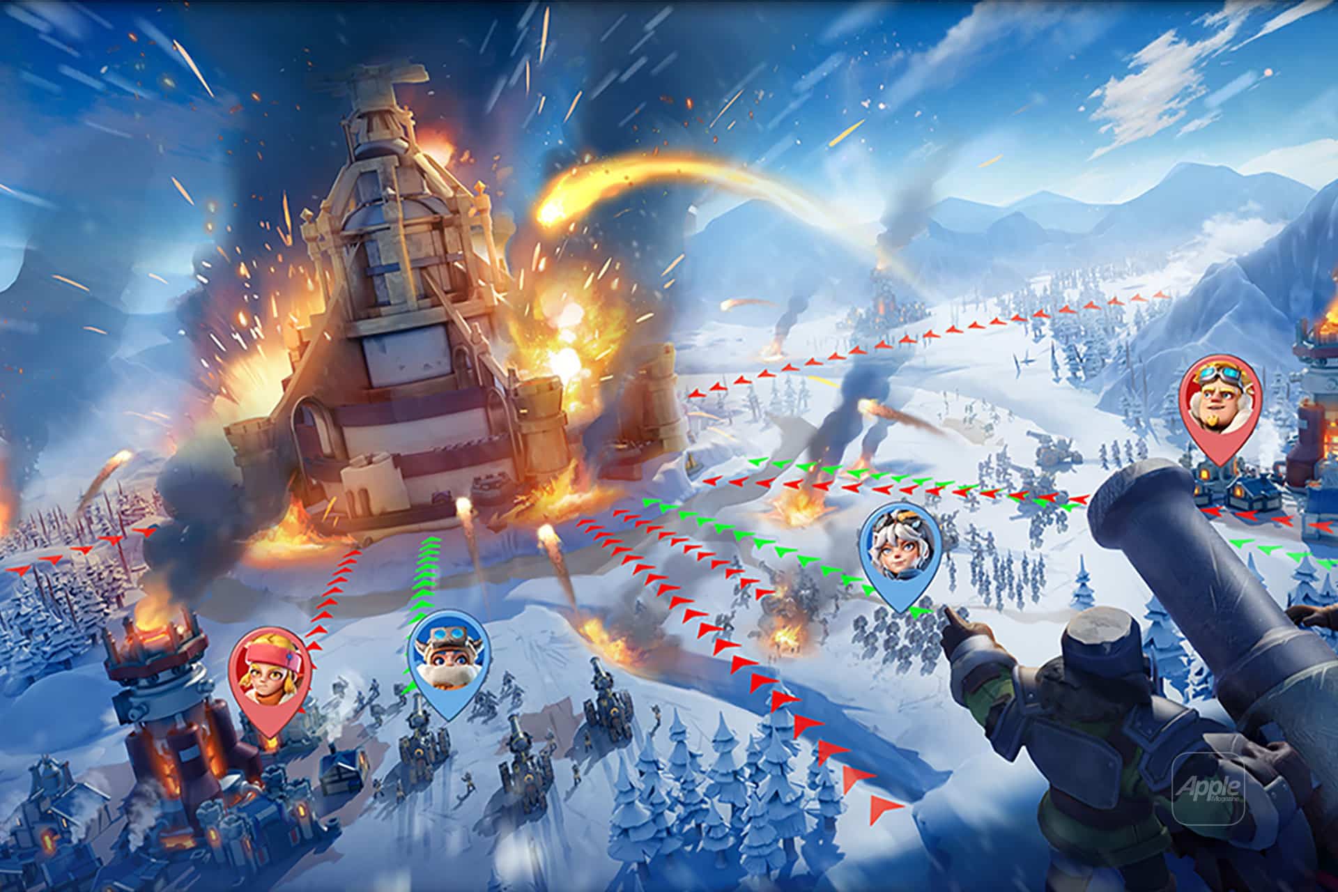 A snowy battlefield inspired by SVS Whiteout Survival features cartoon soldiers attacking a large fortress with cannons and missiles. Colored arrows show attack paths, while a survival guide highlights commanders amid explosions and fire in the dramatic winter scene.