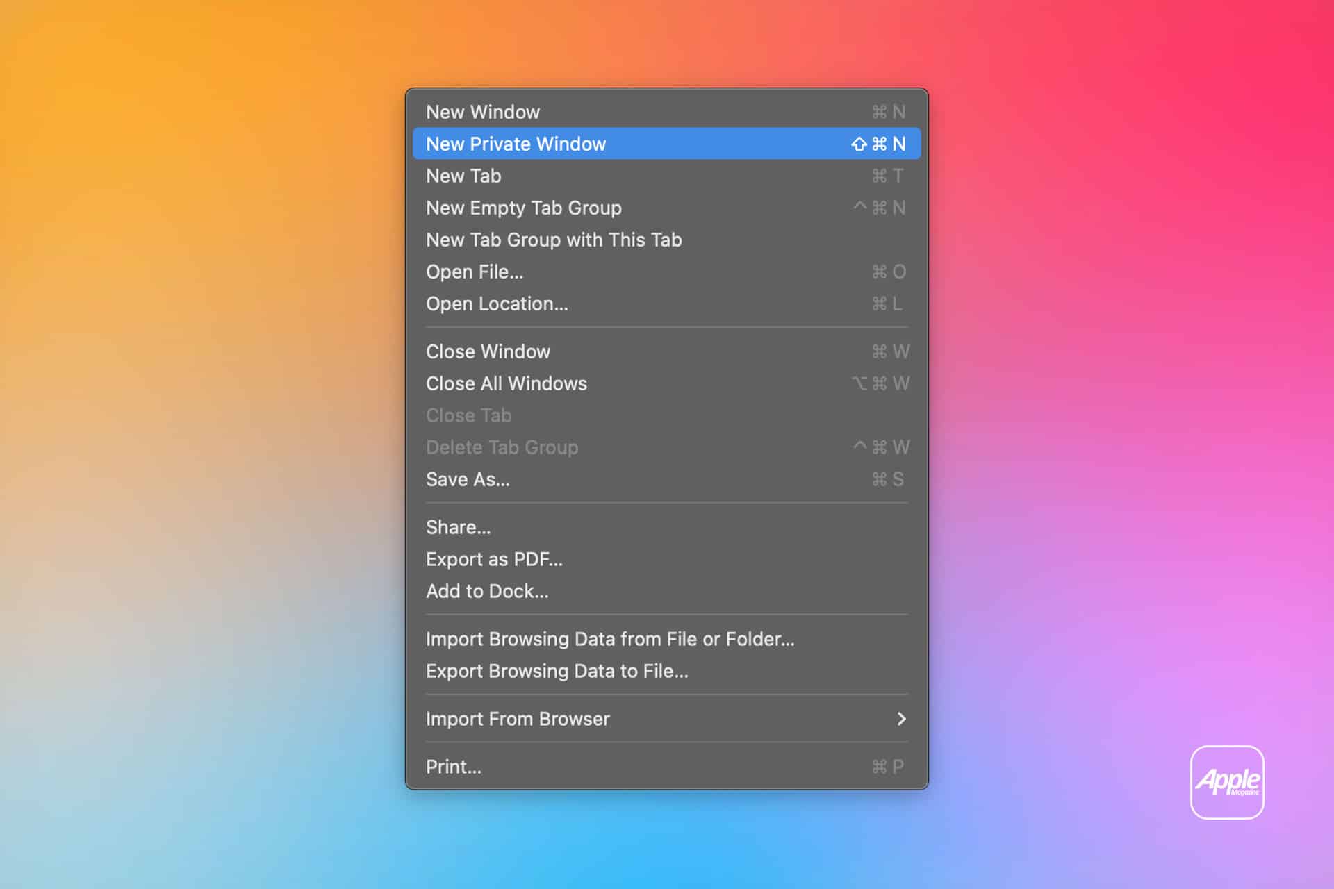 A screenshot shows a browser's File menu open on a colorful gradient background. The menu highlights "New Private Window" with a shortcut key, featuring various options below. The Apple logo is in the bottom right corner, hinting at Safari Tracking Prevention.