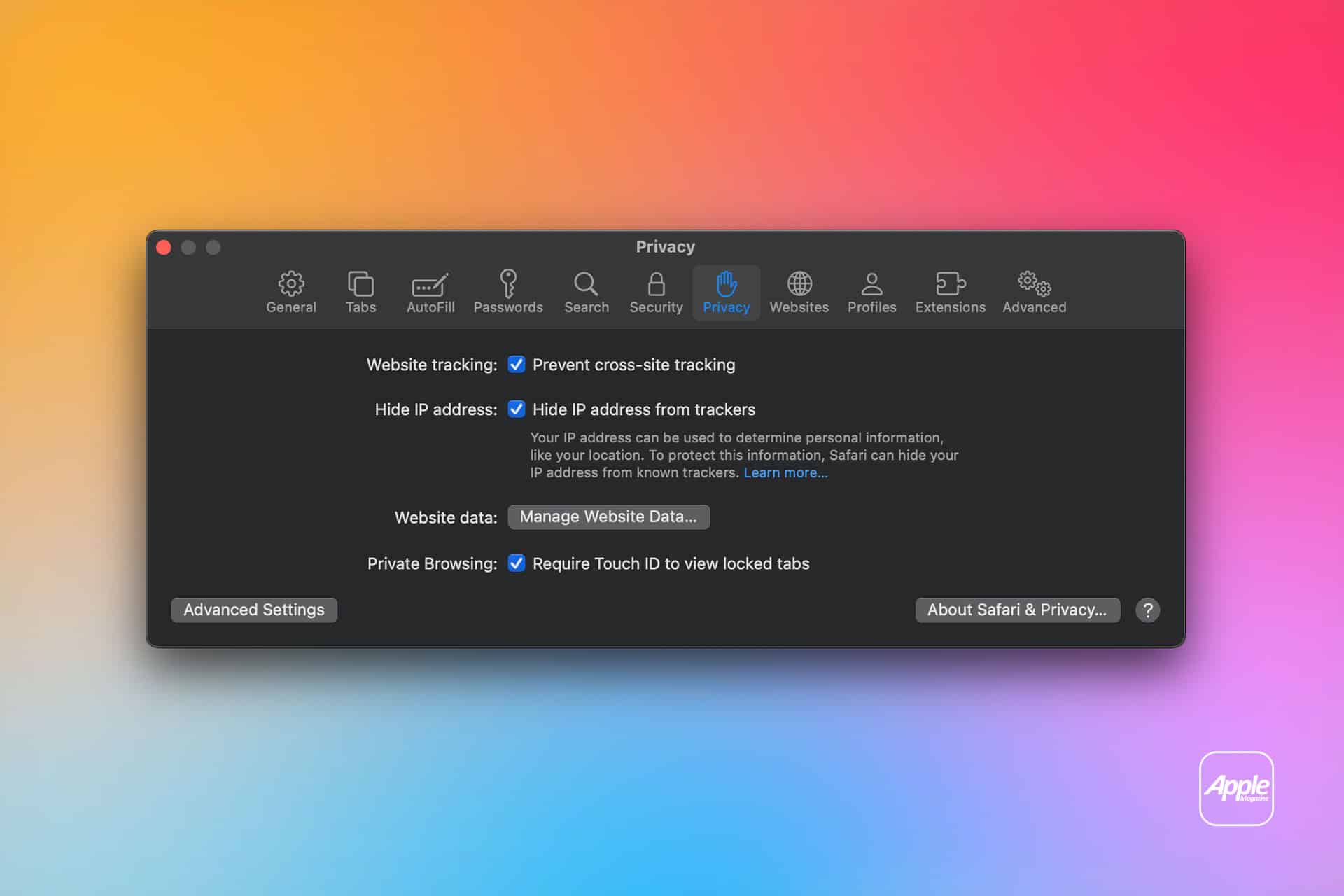 A screenshot of Safari Tracking Prevention in the Privacy settings on a dark mode Mac interface, showing options to prevent cross-site tracking and hide IP address. The backdrop features a vibrant, colorful gradient.