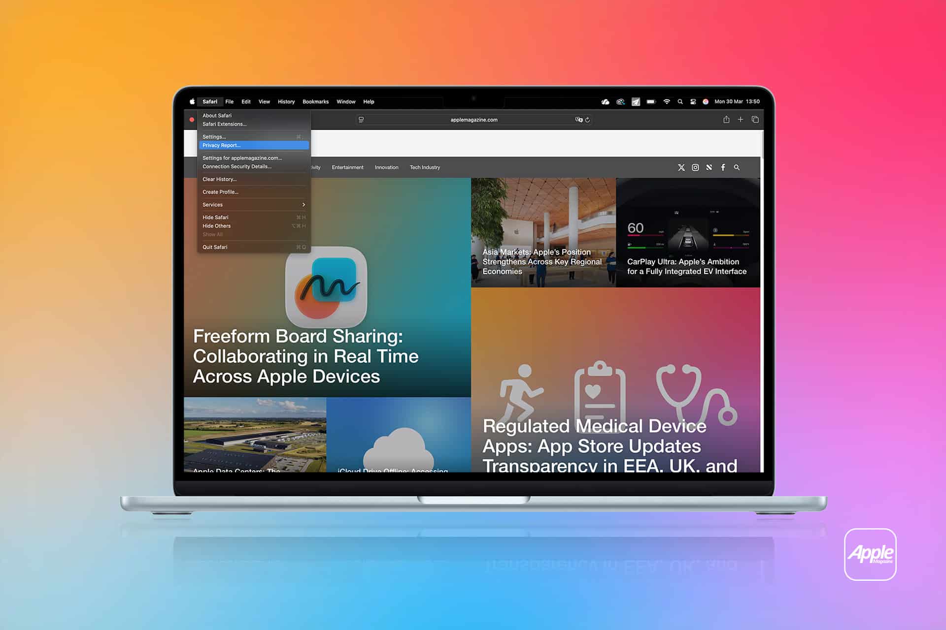 A MacBook displays a colorful webpage with news articles and an open Safari browser menu, highlighting Safari Tracking Prevention, on a vibrant gradient background. The Apple logo appears in the bottom right corner.