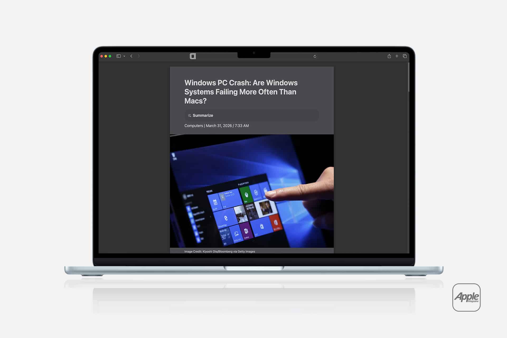 A laptop displays an article titled "Windows PC Crash: Are Windows Systems Failing More Often Than Macs?" in Safari reading mode, with a hand touching the Windows Start menu. An Apple logo appears in the bottom right corner.