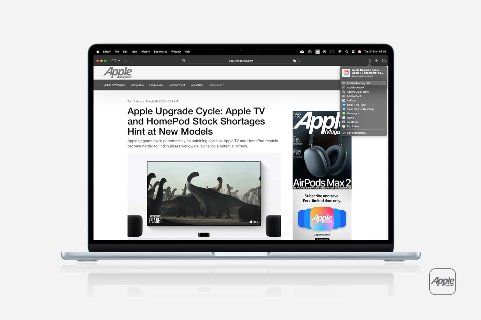 A laptop displays a website called "Apple Magazine" in Safari reading mode, featuring an article about Apple TV and HomePod stock shortages. The screen shows a TV with dinosaurs, a HomePod, and a menu in the top right corner.