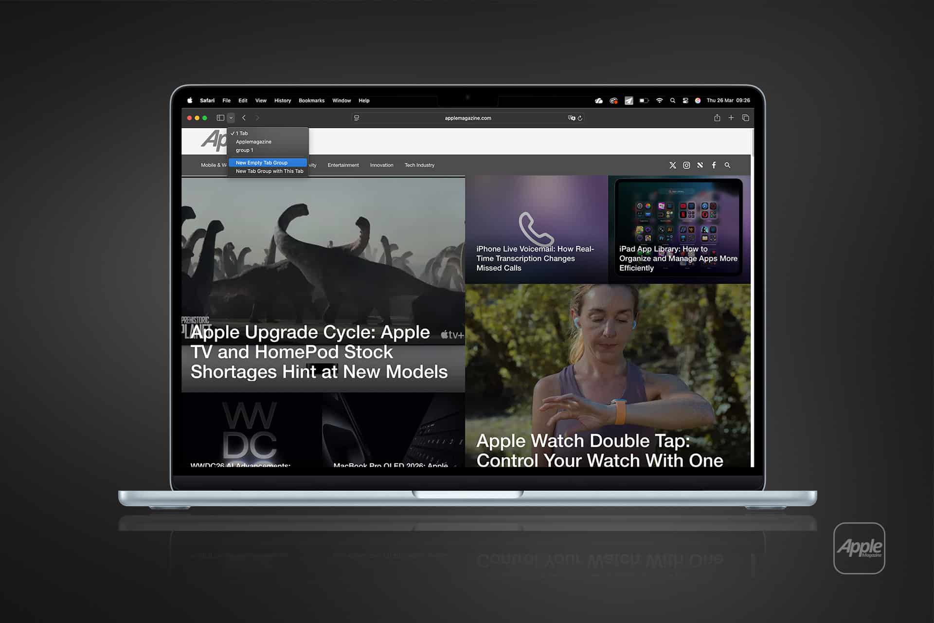 A laptop displays a technology news website about Apple products, featuring articles on Apple TV shortages, iPhone features, Mac Safari Tab Groups, Apple Watch updates, and the Worldwide Developers Conference (WWDC).