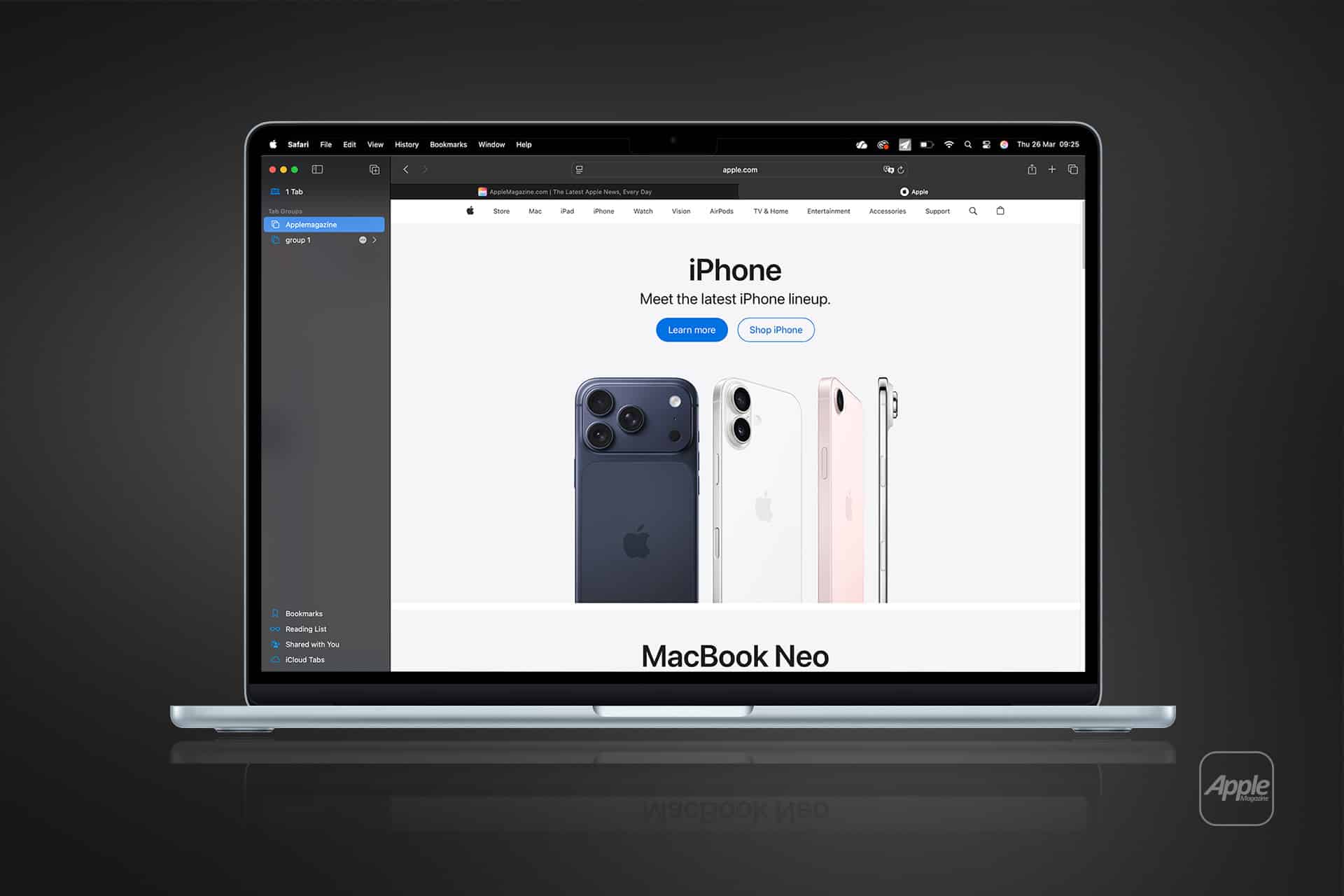 A laptop displays the Apple website in Mac Safari Tab Groups, showcasing the iPhone lineup with four colorful iPhones and a mention of “MacBook Neo.” The screen appears against a dark background.