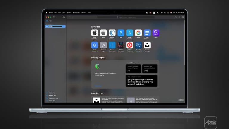 A MacBook displays the Safari browser with the start page open, highlighting favorite website icons, a privacy report, Mac Safari Tab Groups, and a dark-themed interface on a dark background. The Apple logo appears in the bottom right corner.