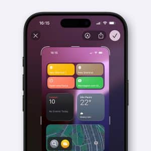 An iPhone screenshot displays various widgets, such as shortcuts, São Paulo weather (22°C, heavy rain), and map navigation. The editing interface is active, with the time set to 16:15.