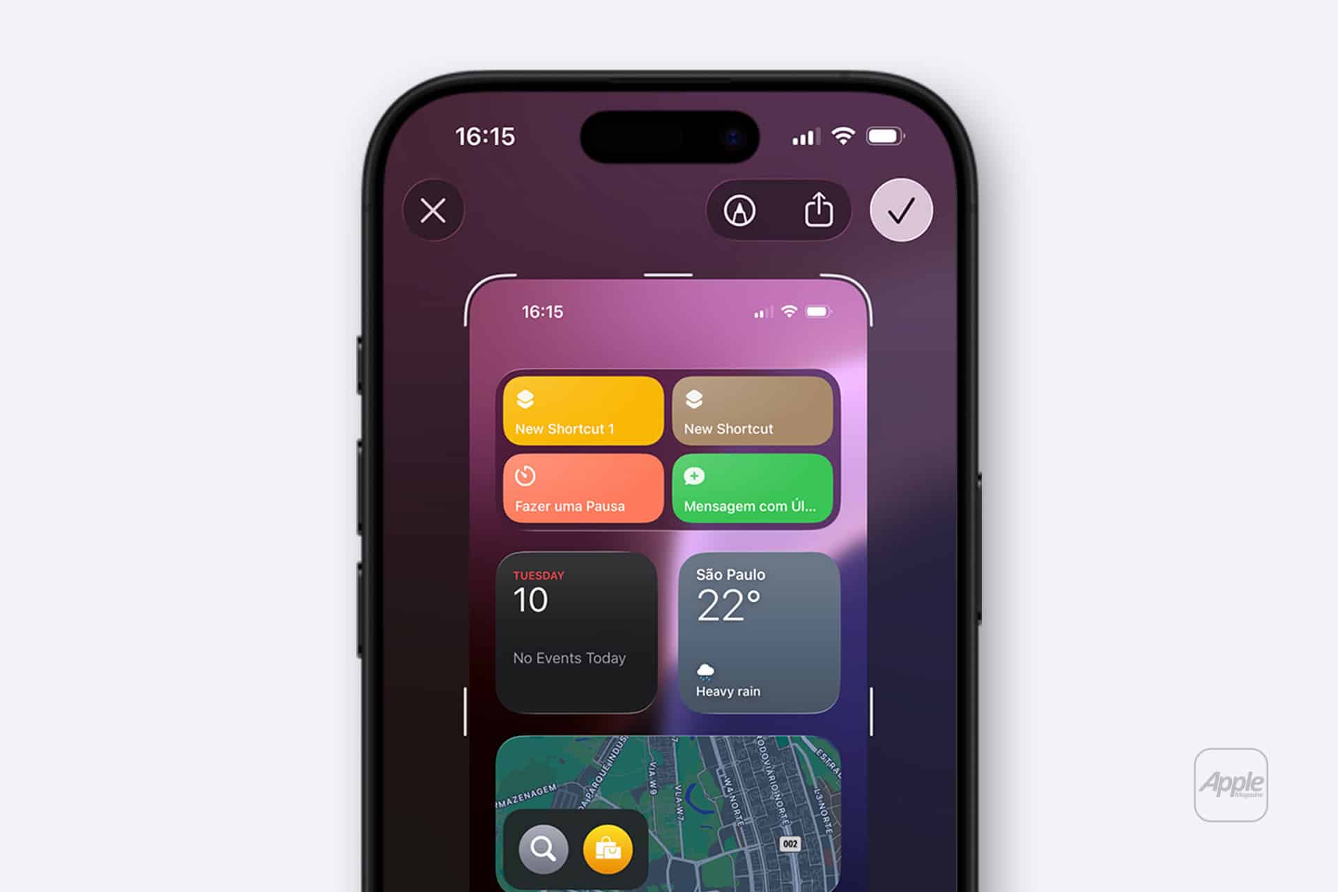 An iPhone screenshot displays various widgets, such as shortcuts, São Paulo weather (22°C, heavy rain), and map navigation. The editing interface is active, with the time set to 16:15.