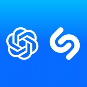 Two white logos appear on a blue gradient background: the OpenAI logo on the left and the Shazam logo on the right. The word "Apple" is faintly visible in a rounded rectangle at the bottom right, highlighting ChatGPT’s connection to cutting-edge technology.