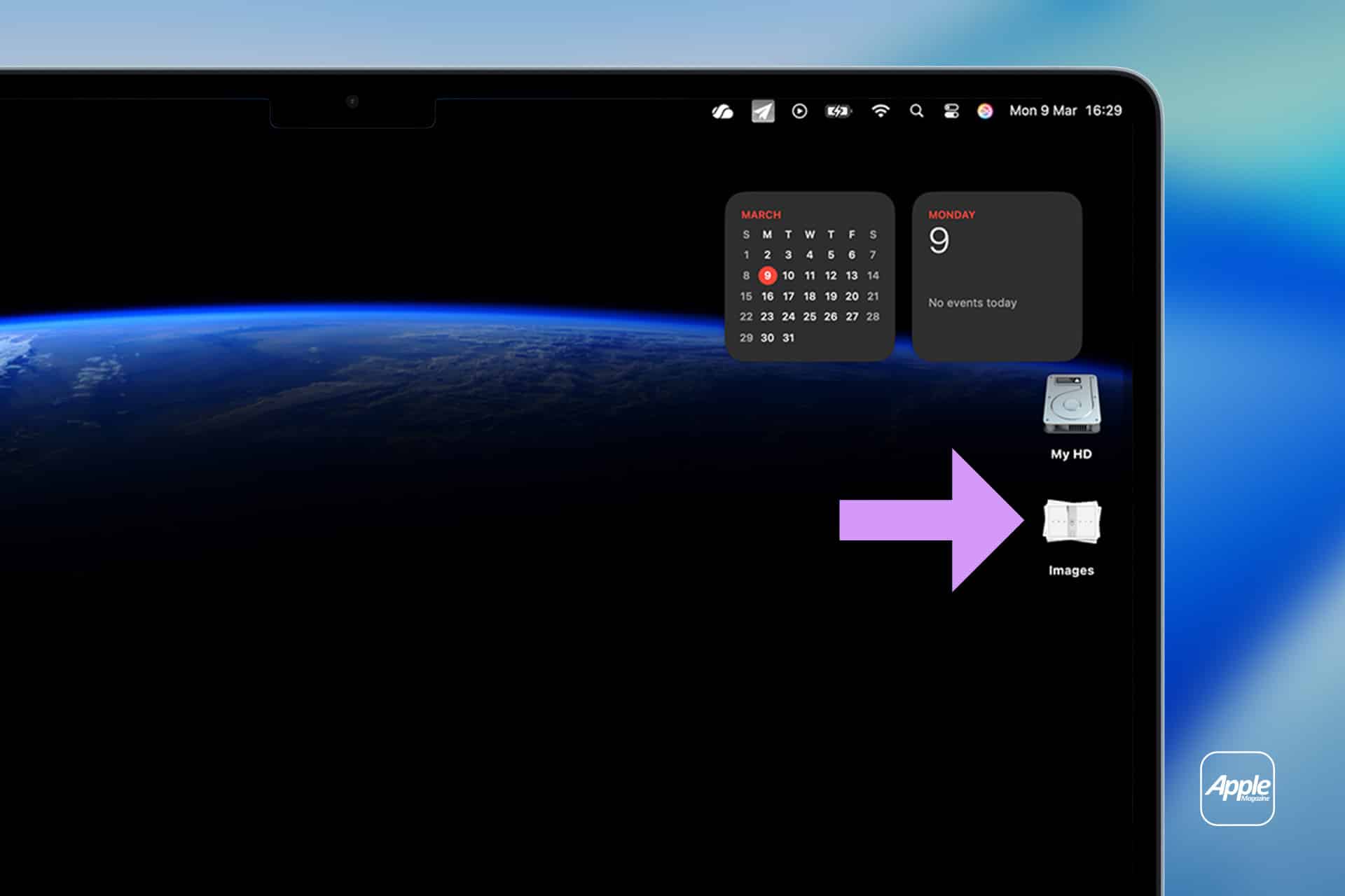 A Mac desktop cleanup in progress: the screen displays a stunning partial view of Earth from space, a calendar widget for March 9, and a purple arrow highlighting the "Images" folder next to the hard drive icon.