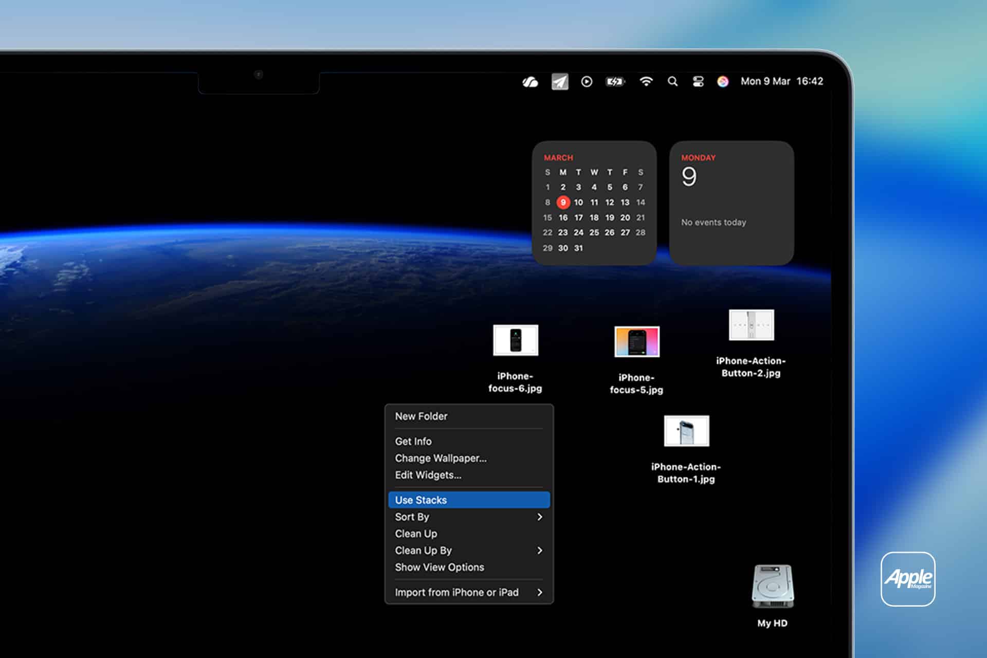 A MacBook screen shows a dark desktop with a space-themed wallpaper, several image file icons, a calendar widget, and a right-click menu with “Use Stacks” highlighted—a handy Mac Desktop Cleanup feature. The Apple logo appears at the bottom right.