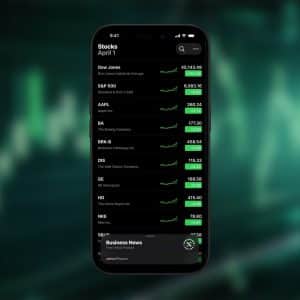 A smartphone displays the Apple Stocks app with a list of rising stock prices and green upward trend graphs for companies like Apple, Boeing, Disney, and Nike. The background features a blurred stock market chart.