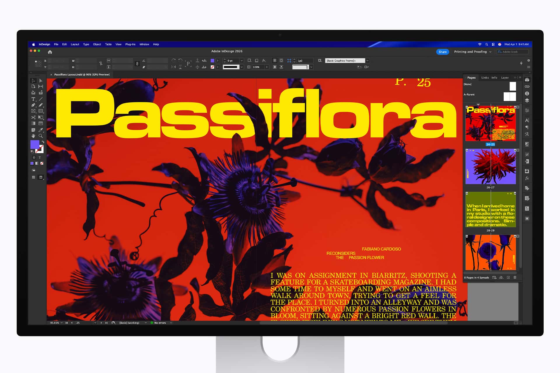 A computer monitor displays a bold, bright orange magazine layout in Adobe InDesign featuring large yellow text "Passiflora" over a stylized passionflower image and several text boxes and thumbnails on the right.