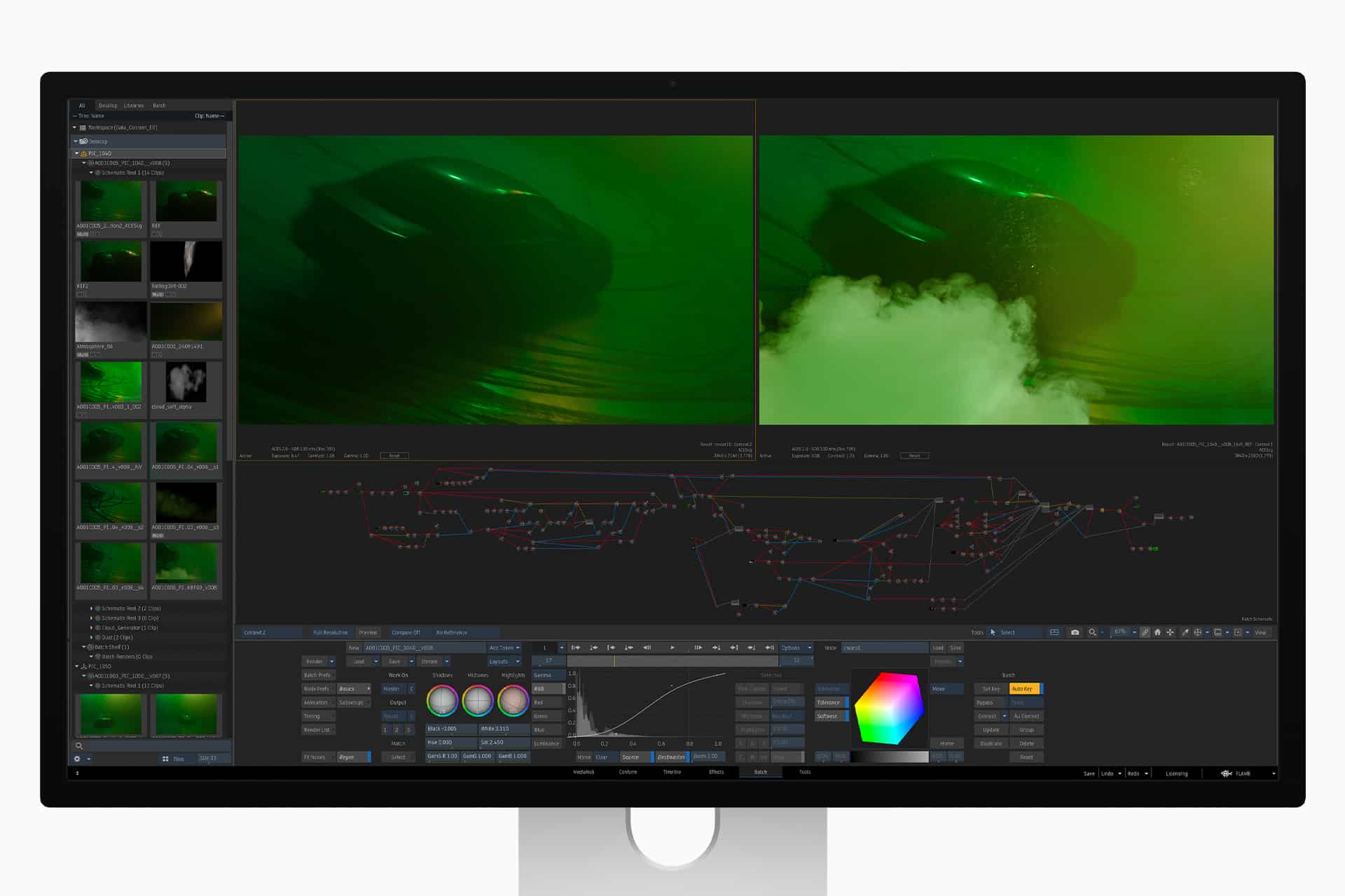 A computer monitor displays a video editing software interface with two preview windows showing a green-tinted car scene, various editing nodes, image thumbnails on the left, and color grading tools at the bottom.