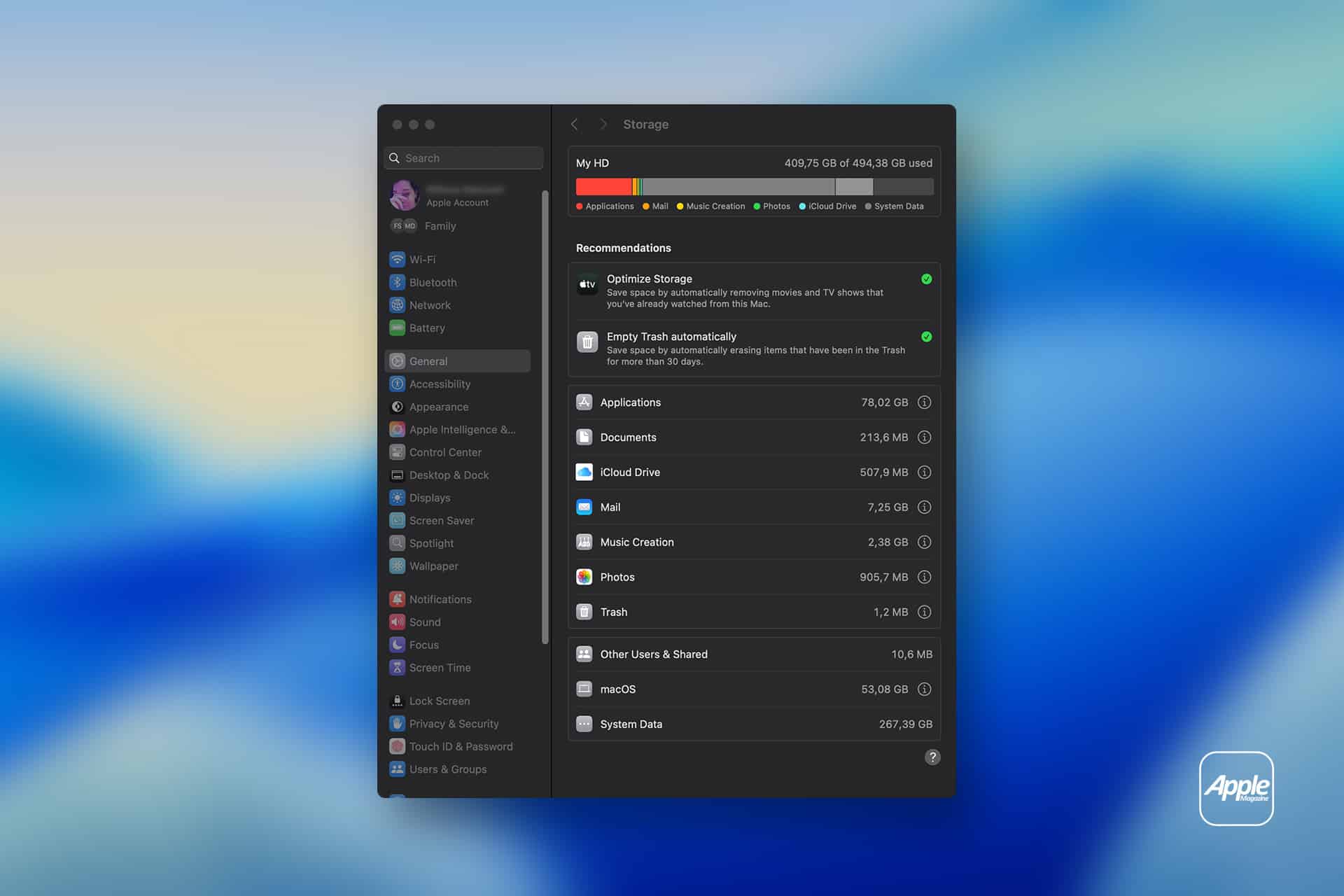 A Mac Storage Cleanup window displays disk usage by category, including Applications, Documents, Cloud Drive, Photos, and Trash. The background is blurred blue with a small Apple logo in the lower right corner.