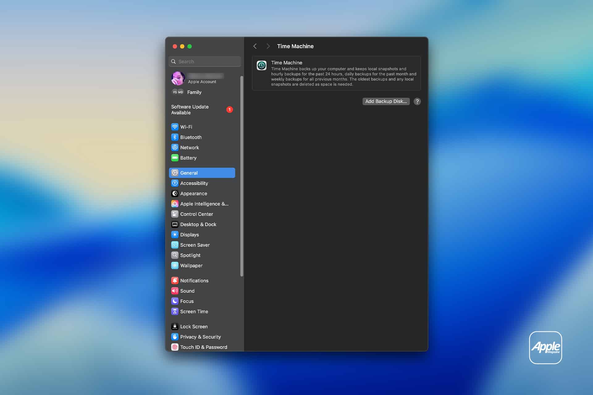 Screenshot of a Mac System Settings window open to "Time Machine" under the "General" section, showing options to add a backup disk for External SSD setup. A blurred blue background and an Apple logo are visible behind the window.