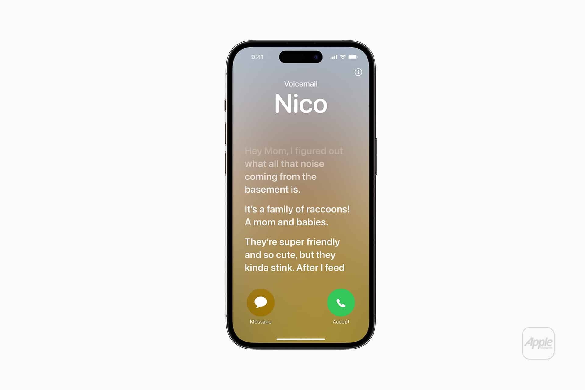 An iPhone screen shows an incoming call from "Nico," with iPhone Live Voicemail partially revealing a message about friendly but smelly raccoons in the basement. Options to message or accept the call are visible.