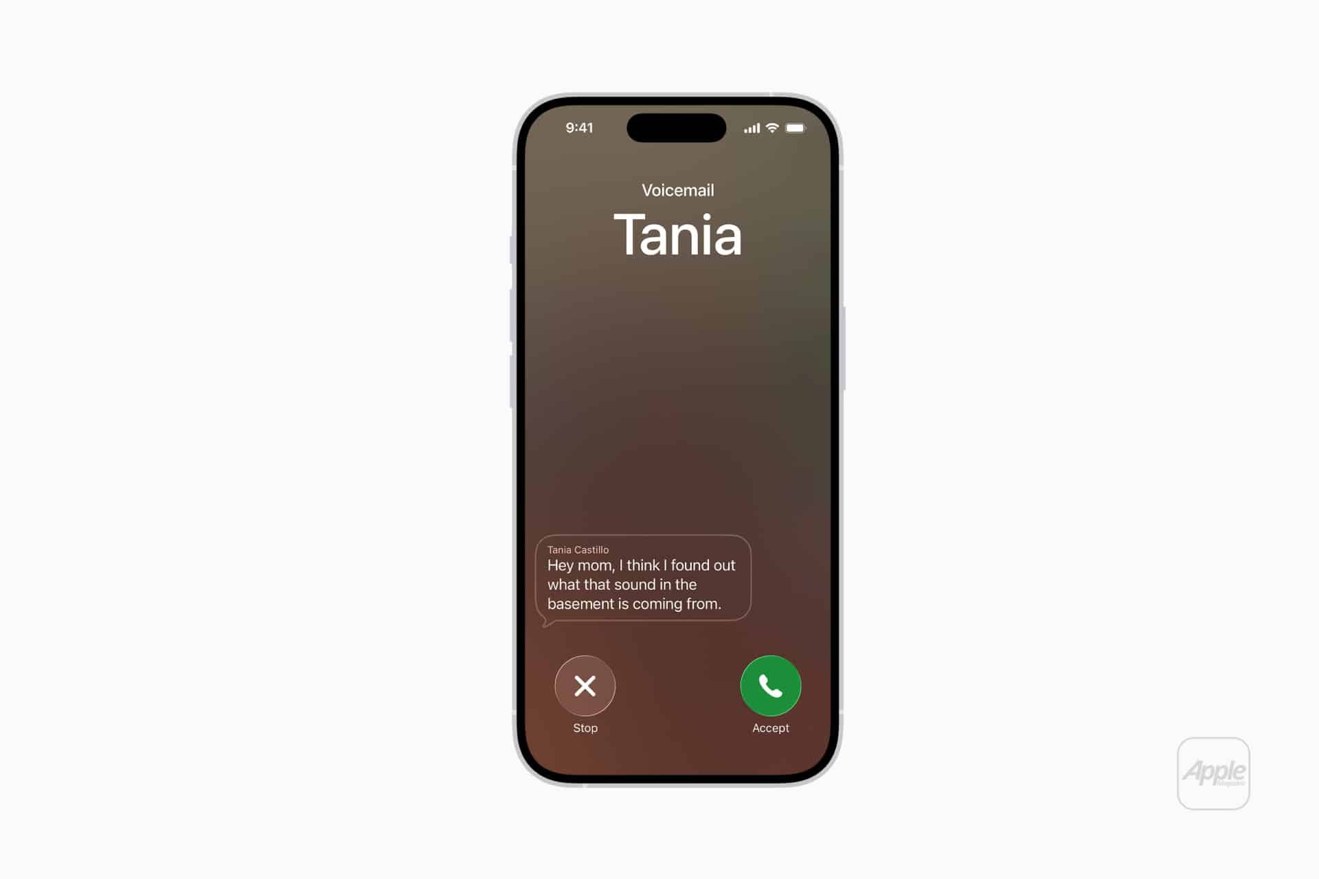 An iPhone Live Voicemail screen shows an incoming message from "Tania." The preview reads, "Hey mom, I think I found out what that sound in the basement is coming from." Stop and Accept buttons appear at the bottom.