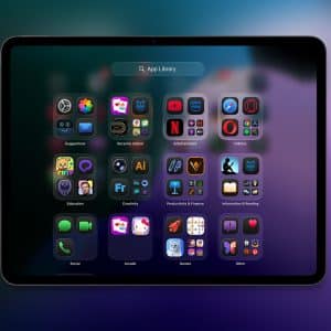 A digital tablet screen displays an organized iPad App Library with colorful app icons grouped by categories such as Social, Entertainment, Creativity, Productivity, Games, and more, against a blurred gradient background.