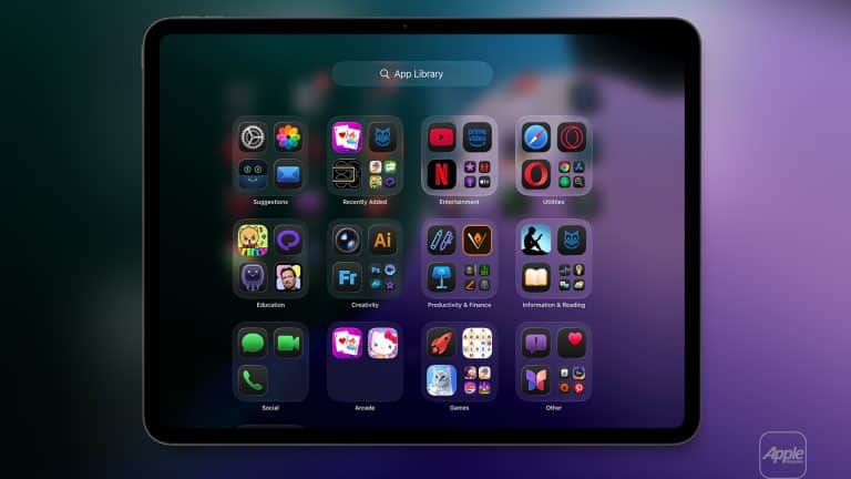 A digital tablet screen displays an organized iPad App Library with colorful app icons grouped by categories such as Social, Entertainment, Creativity, Productivity, Games, and more, against a blurred gradient background.
