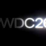 The image shows the text "WWDC26" in bold, modern font on a black background, with the "26" brightly illuminated, emitting a glowing light effect.
