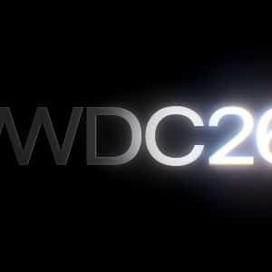 The image shows the text "WWDC26" in bold, modern font on a black background, with the "26" brightly illuminated, emitting a glowing light effect.
