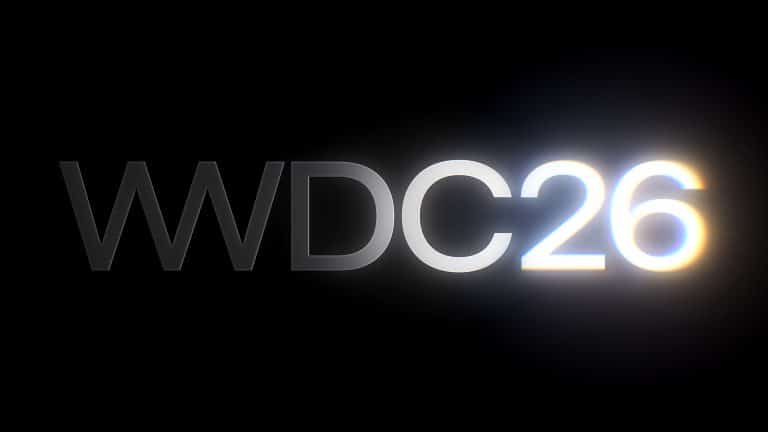 The image shows the text "WWDC26" in bold, modern font on a black background, with the "26" brightly illuminated, emitting a glowing light effect.