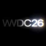 The image displays the text "WWDC26" on a black background, with "26" brightly illuminated and glowing, while "WWDC" appears in a lighter gray shade.
