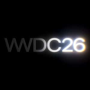 The image displays the text "WWDC26" on a black background, with "26" brightly illuminated and glowing, while "WWDC" appears in a lighter gray shade.