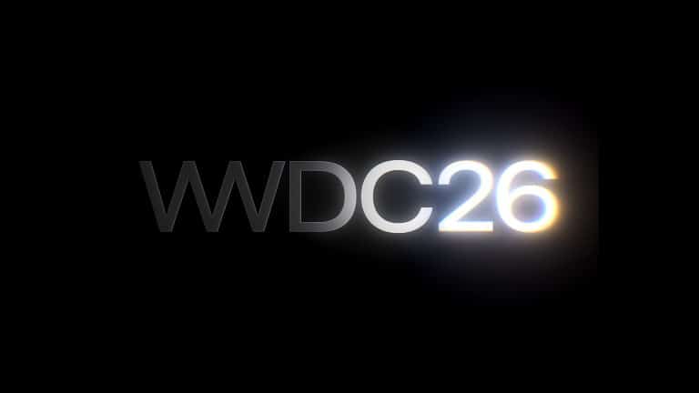 The image displays the text "WWDC26" on a black background, with "26" brightly illuminated and glowing, while "WWDC" appears in a lighter gray shade.