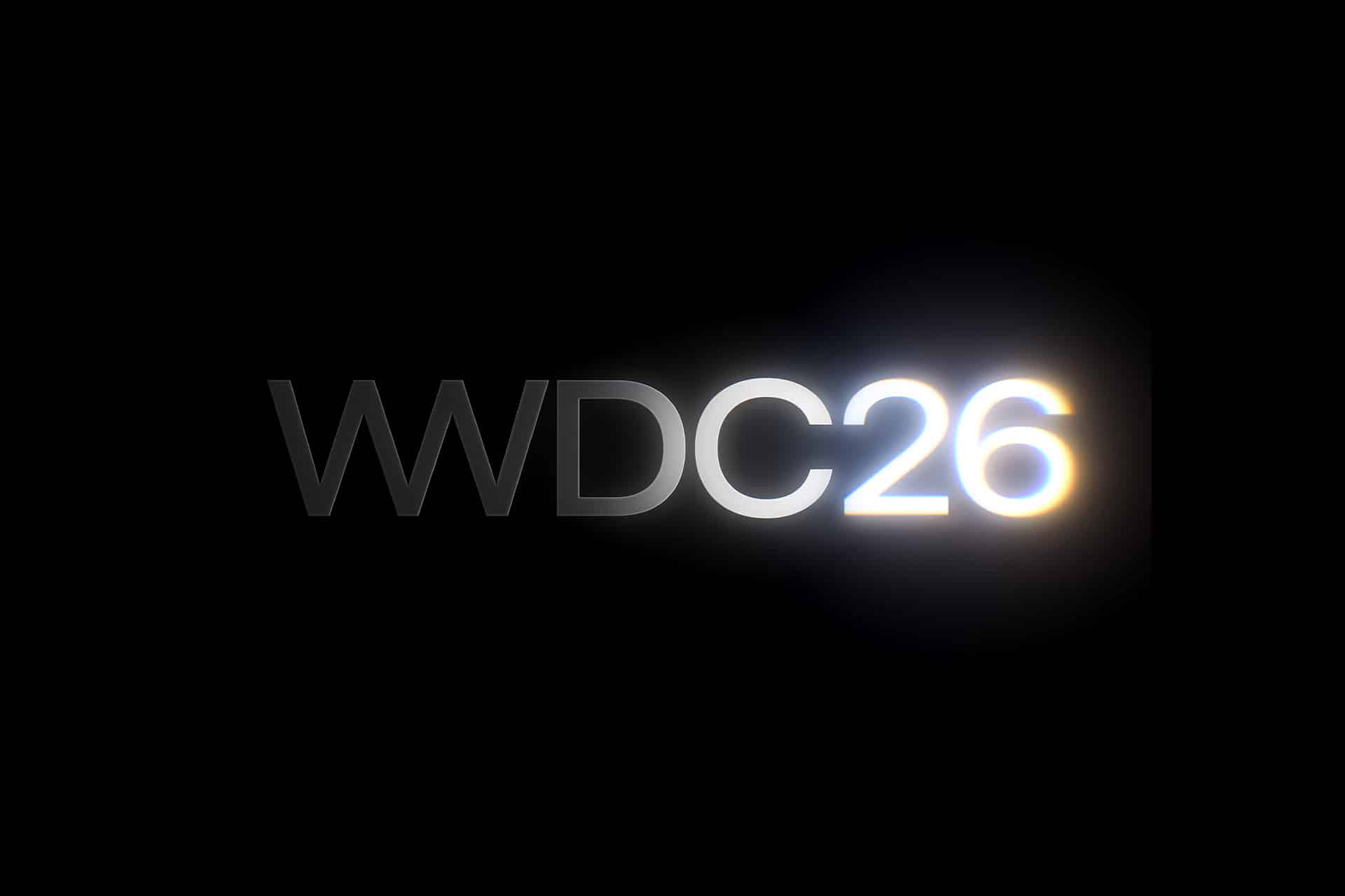The image displays the text "WWDC26" on a black background, with "26" brightly illuminated and glowing, while "WWDC" appears in a lighter gray shade.