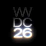 The image shows the text "WWDC 26" in a modern, bold font on a black background. The letters "WWDC" are in silver, while "26" is illuminated with a bright, glowing, rainbow-like effect at the bottom.