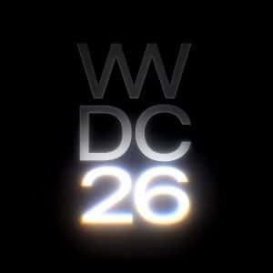 The image shows the text "WWDC 26" in a modern, bold font on a black background. The letters "WWDC" are in silver, while "26" is illuminated with a bright, glowing, rainbow-like effect at the bottom.
