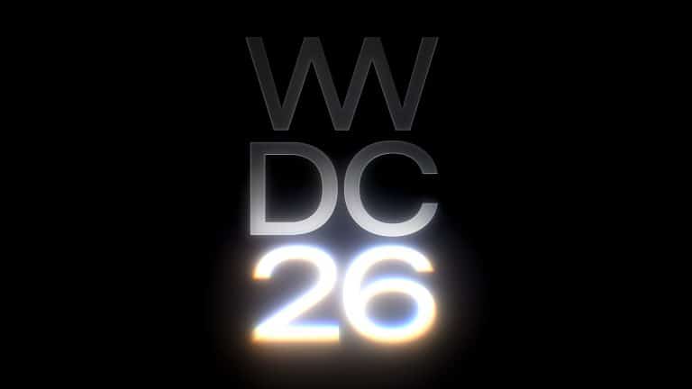 The image shows the text "WWDC 26" in a modern, bold font on a black background. The letters "WWDC" are in silver, while "26" is illuminated with a bright, glowing, rainbow-like effect at the bottom.