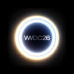 A glowing circular ring with a bright gradient radiance surrounds the text "WWDC26" centered on a dark background.