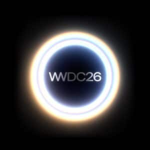 A glowing circular ring with a bright gradient radiance surrounds the text "WWDC26" centered on a dark background.