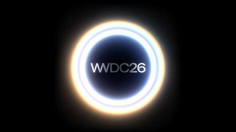 A glowing circular ring with a bright gradient radiance surrounds the text "WWDC26" centered on a dark background.