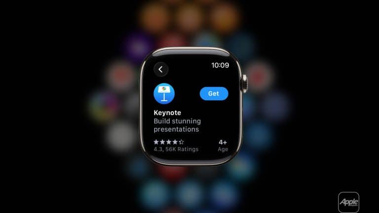 An Apple Watch screen displays the App Store page for Keynote, featuring its icon, name, “Build stunning presentations,” a 4.3-star rating, and a blue “Get” Apple Watch app install button. Colorful blurred app icons form the background.
