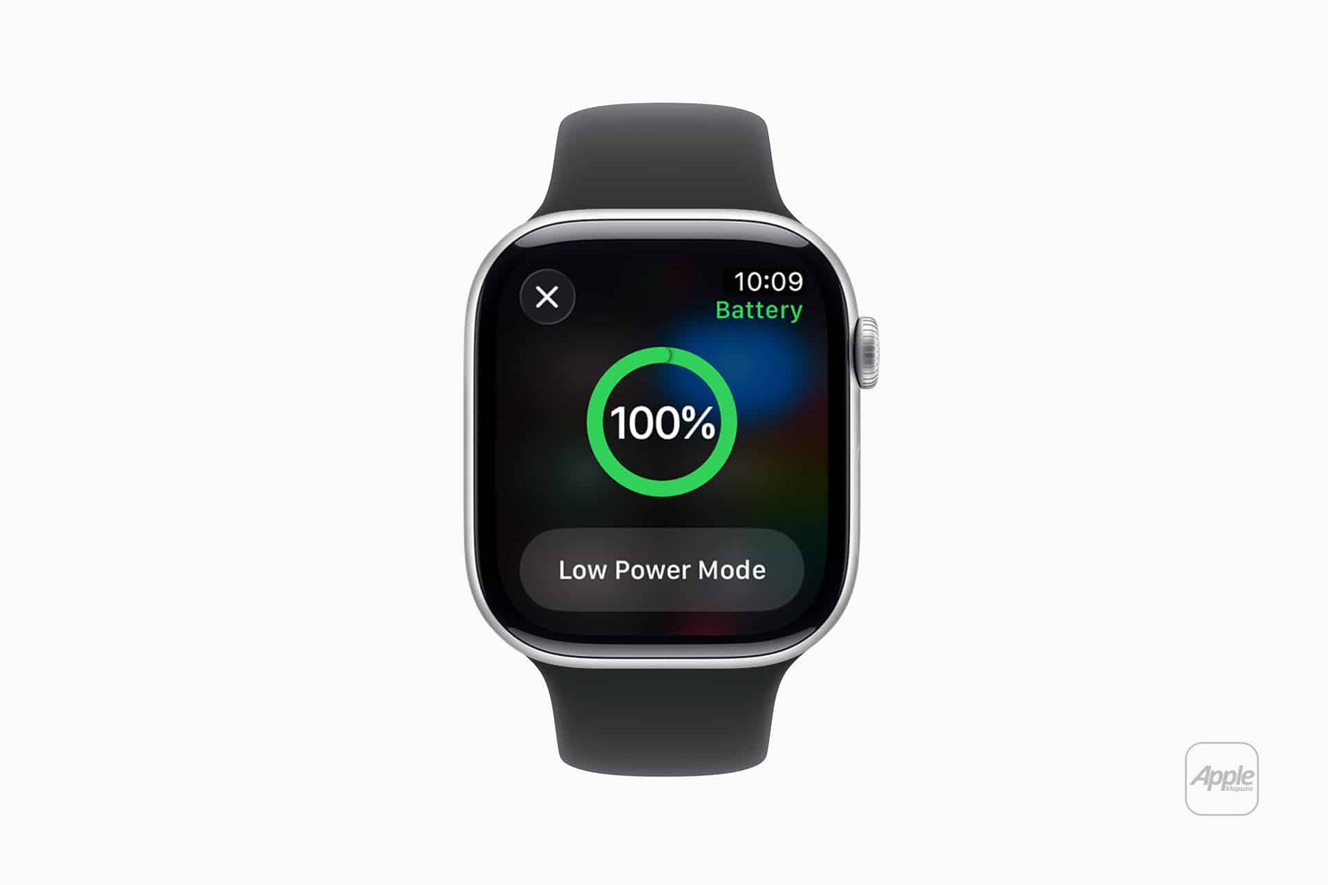 A smartwatch with a black band displays a full Apple Watch Battery at 100%, the time as 10:09, and an option for Low Power Mode on its screen, with the Apple logo in the bottom right corner.