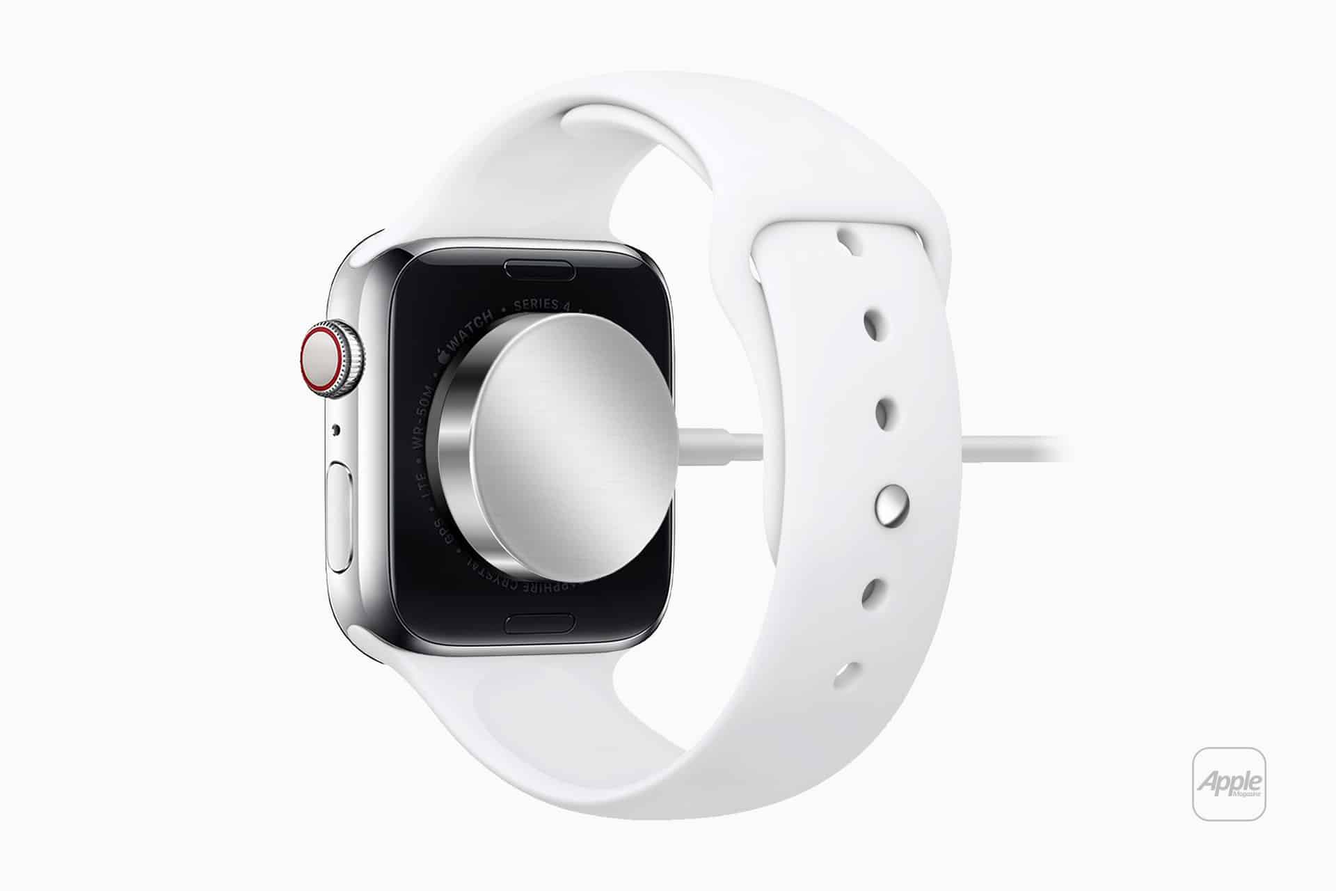 A white Apple Watch with a white band is shown from the back, attached to a magnetic charging cable—highlighting the Apple Watch battery life. The Apple logo is visible in the bottom right corner.