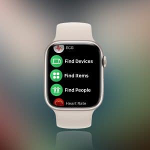 A white Apple Watch displays options like ECG, Apple Watch Find Devices, Find Items, Find People, and Heart Rate against a blurred gradient background. The Apple logo appears in the bottom right corner.