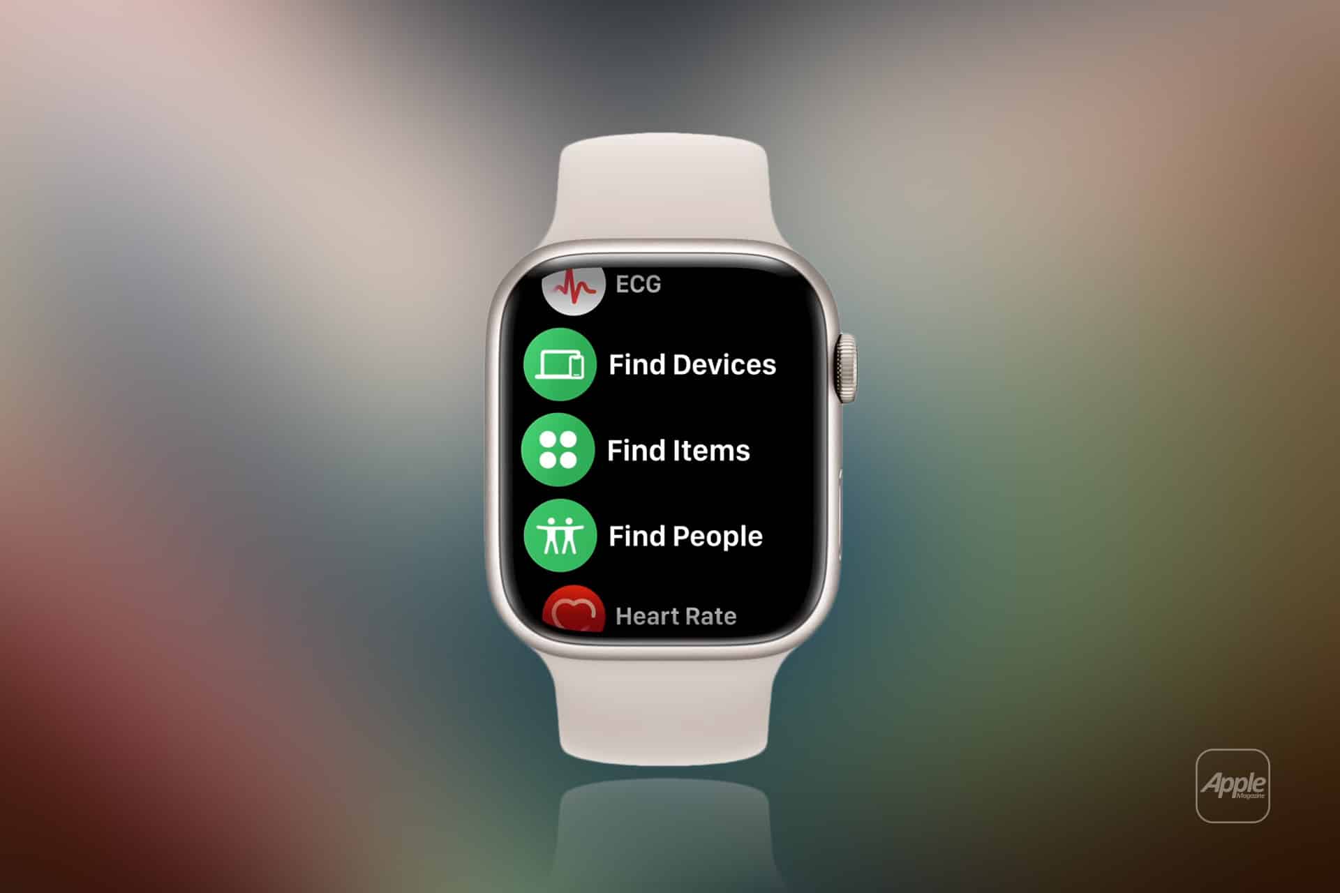A white Apple Watch displays options like ECG, Apple Watch Find Devices, Find Items, Find People, and Heart Rate against a blurred gradient background. The Apple logo appears in the bottom right corner.