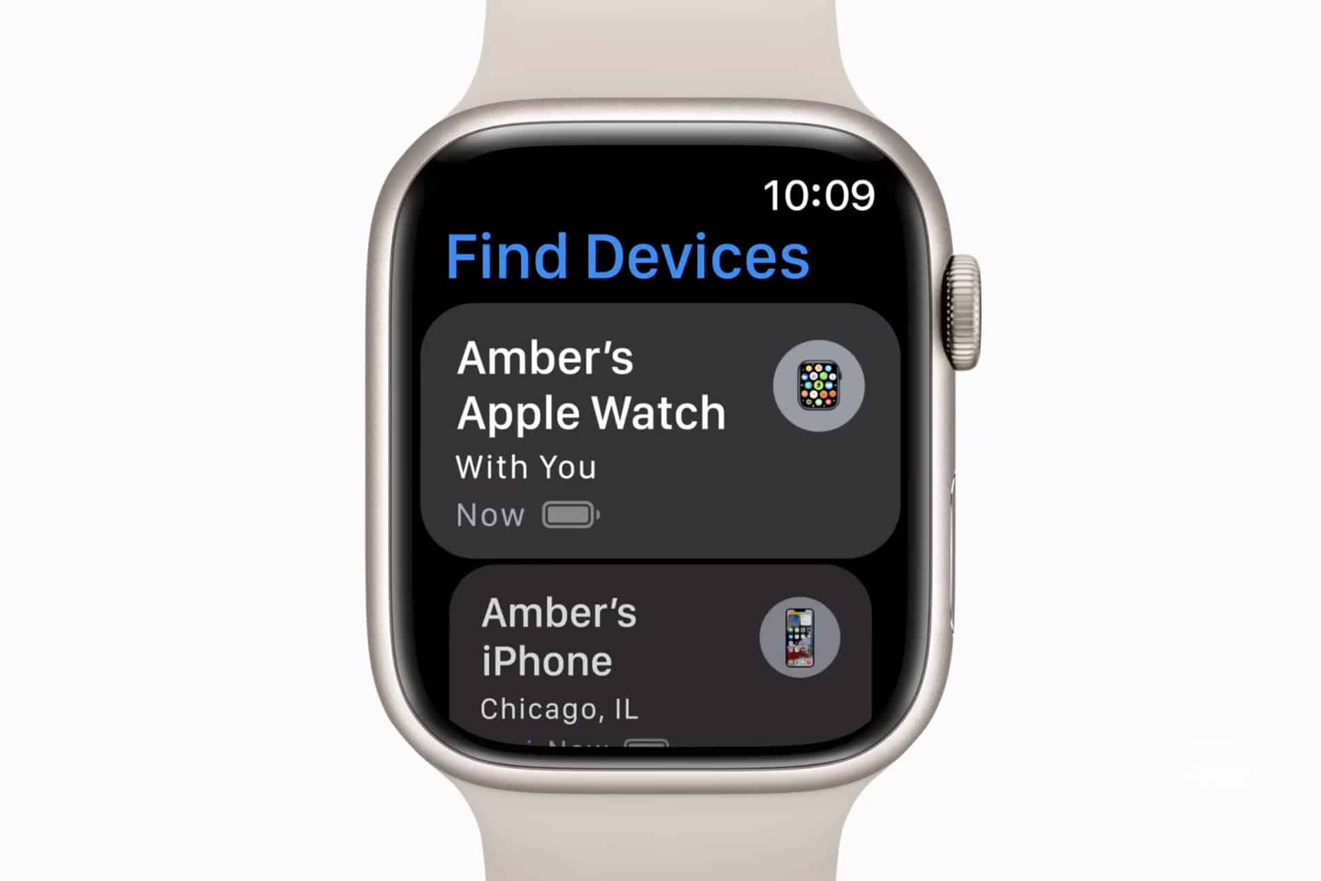 An Apple Watch Find Devices screen shows "Amber's Apple Watch" as "With You" and "Amber's iPhone" in Chicago, IL. The watch displays the time as 10:09.