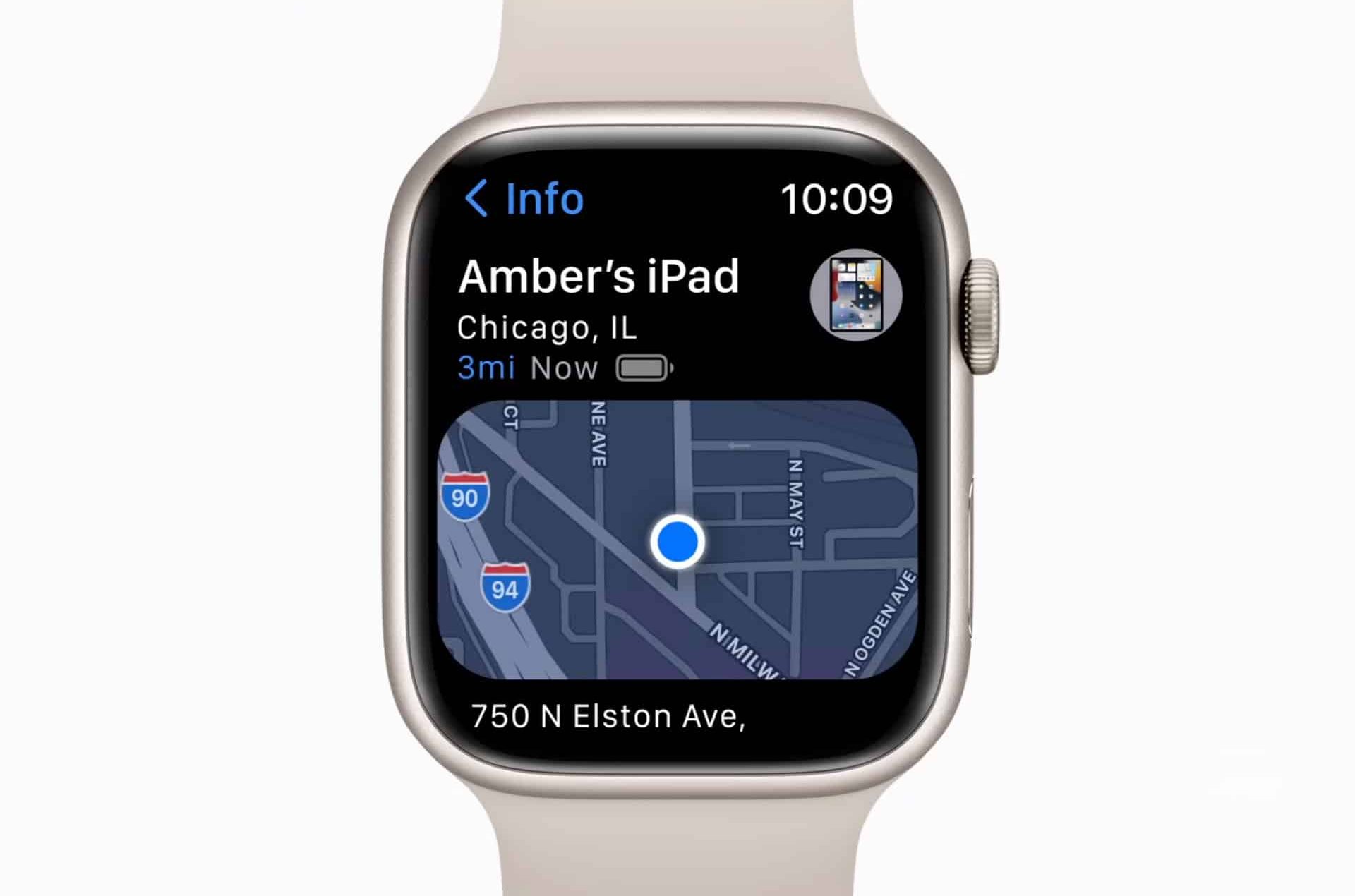 An Apple Watch Find Devices screen shows the location of "Amber's iPad" in Chicago, IL, with a map highlighting roads, highways, and a blue dot indicating the current spot. The time displayed is 10:09.