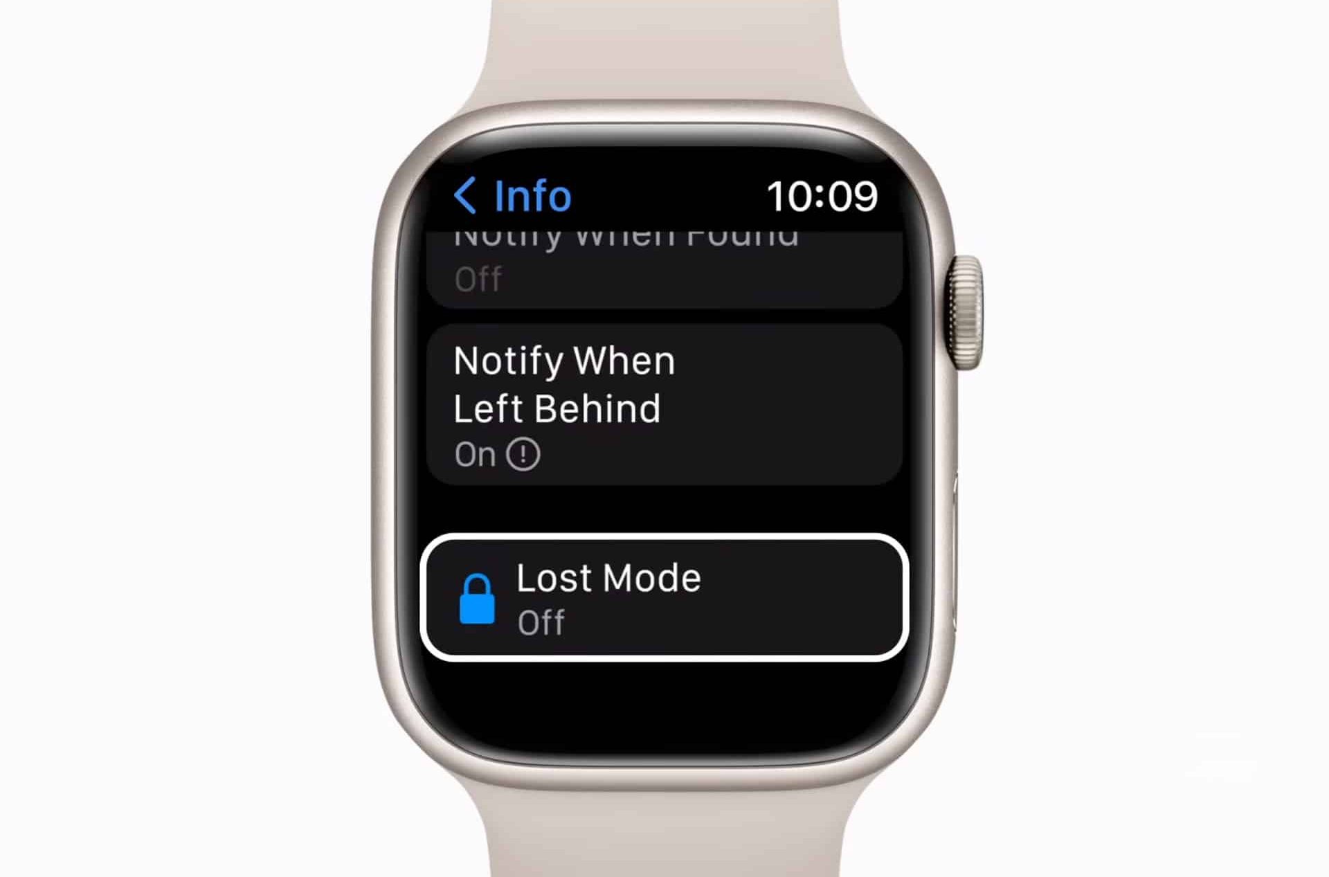An Apple Watch Find Devices screen shows "Notify When Left Behind" enabled and "Lost Mode" off. The time on the Apple Watch is 10:09.