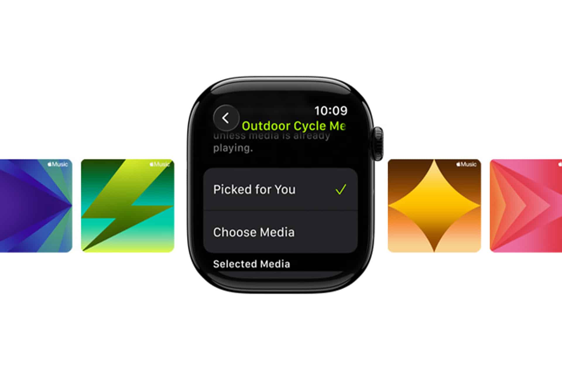An Apple Watch screen displays workout options with “Outdoor Cycle Me” highlighted, plus “Picked for You” and “Choose Media” below. Colorful icons in the background hint at seamless Apple Watch Music Sync for your workout playlists.