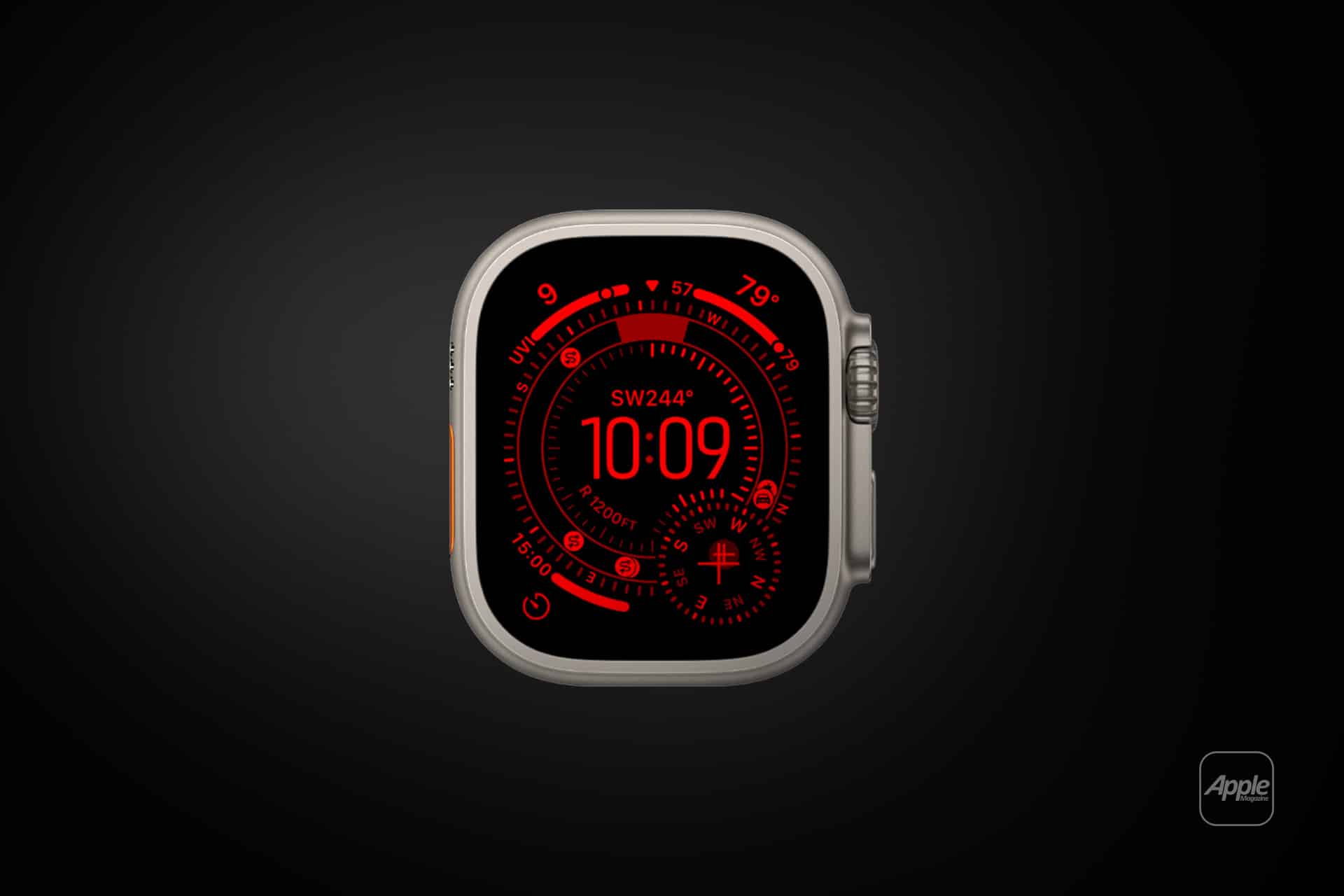 A silver Apple Watch Ultra displays a red digital watch face in Apple Watch Night Mode, showing time, date, and various sensor indicators on a black background. The Apple logo appears in the lower right corner.