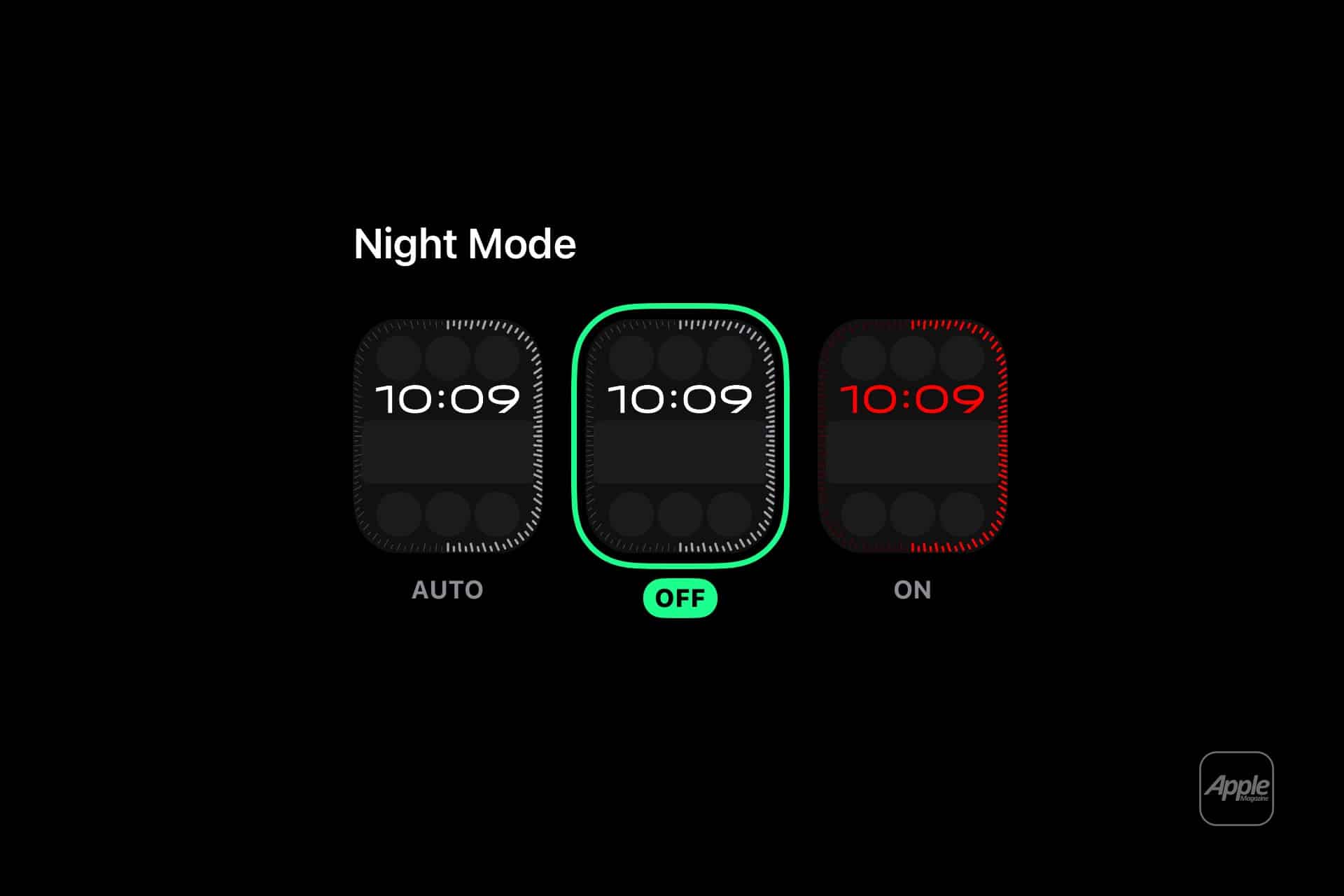 A Night Mode setting screen for Apple Watch Night Mode displays three watch faces labeled "AUTO," "OFF" (highlighted in green), and "ON" with different color schemes; the Apple logo appears in the bottom right corner.
