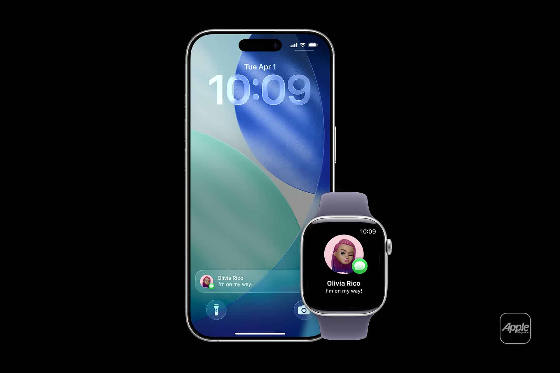 An iPhone and Apple Watch display the same message notification from Olivia Rico saying, "I'm on my way!" Both screens show her avatar and time on a black background with an Apple logo, highlighting the seamless Apple Watch app install experience.